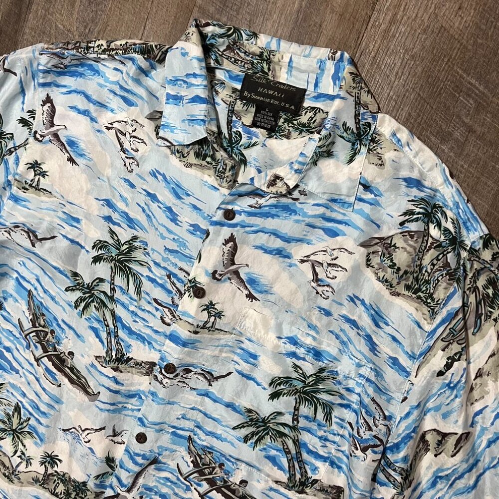 Vintage 90s Hawaiian Palm Tree Silk Short‎ Sleeve Button Shirt Mens Size Large